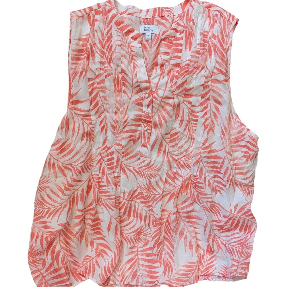 Kim‎ Rogers Womens 2X Orange White Tropical Palm Leaf Sleeveless Pintuck Blouse